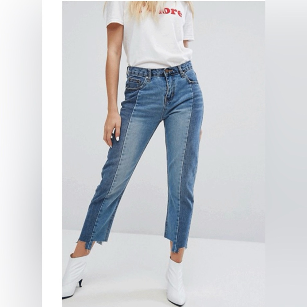 EVIDNT Two Toned cropped Raw Hem Jeans…